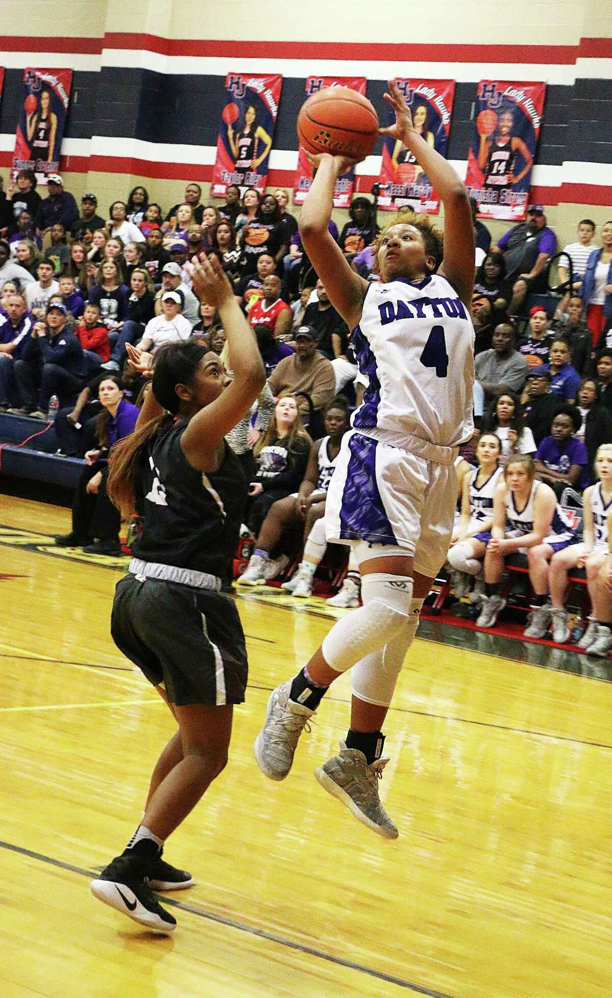 DaytonÂ?’s Tayelin Grays takes the ball to the hoop in the first-round playoff game against Beaumont Central on Monday night. Grays contributed 40 points in the Lady Broncos upset loss, 78-74.
