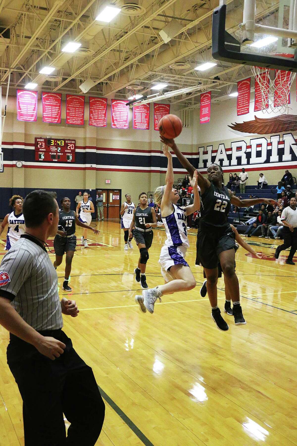 Kayleigh Davis has her shot blocked on the break by the much taller Lady Jaguars Anastacia Mickens. Mickens finished the night with 33 points and was a force under the basket all night long.