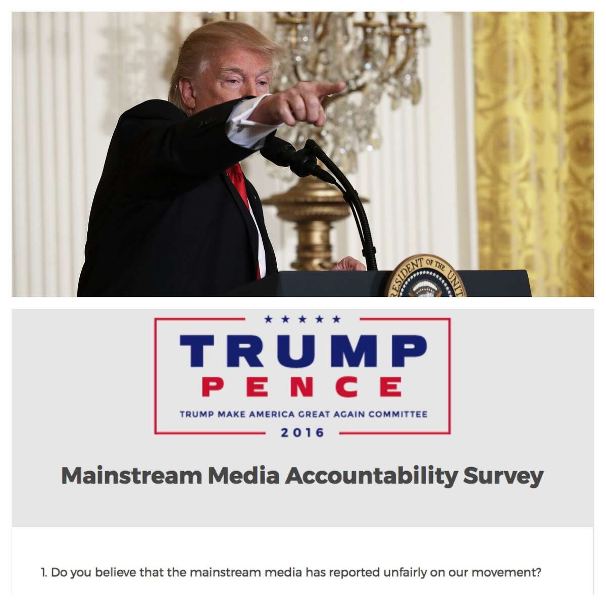 Minutes after President Trump concluded his press conference Thursday, his fundraising committee sent out a ‘mainstream media accountability survey.’ Click ahead to read some questions from that survey.