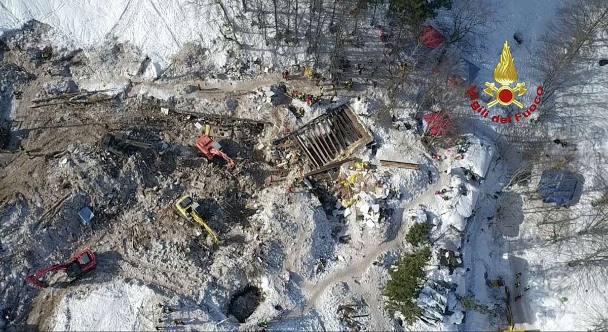 PESCARA, ITALY - JANUARY 26: An aerial view of the debris of Hotel Rigopiano after searchers have completed the grim hunt through the ruins of the hotel buried by an avalanche in Pescara, Italy on January 26, 2017. The death toll from last week's avalanche disaster which hit a mountain resort in central Italy has climbed up to 29. (Photo by Italy Fire Department/Anadolu Agency/Getty Images)
