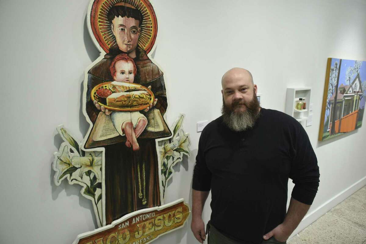 “Taco Jesus” by Michael Breidenbach, who calls himself Moe Profane, is one of several of his taco-themed works at the “multiples” community exhibit at the Galería Guadalupe, which runs through March 31, 2017.