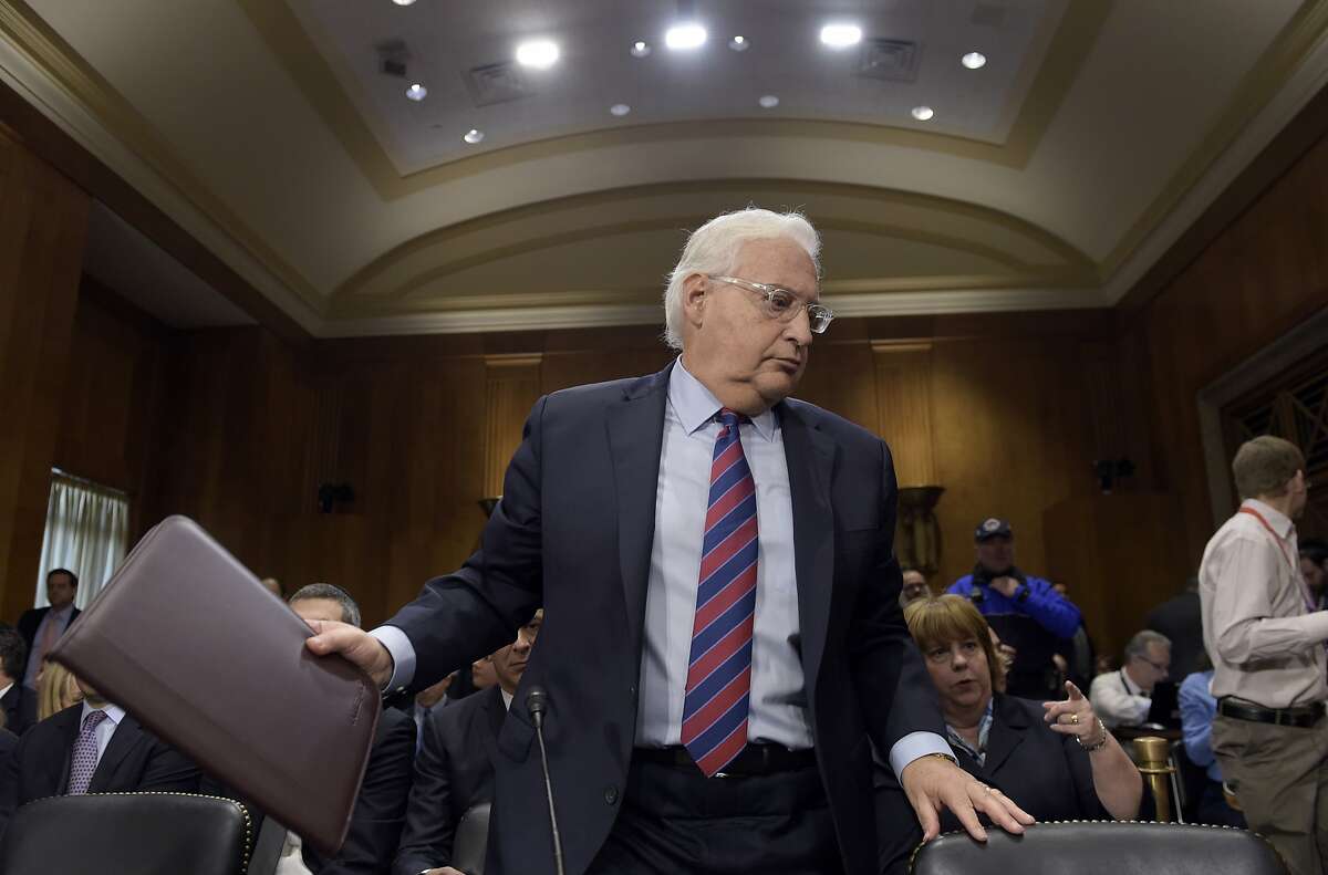David Friedman, nominated to be U.S. Ambassador to Israel, prepares to leave a hearing room on Capitol Hill in Washington, Thursday, Feb. 16, 2017, during a break in his confirmation hearing before the Senate Foreign Relations Committee. (AP Photo/Susan Walsh)