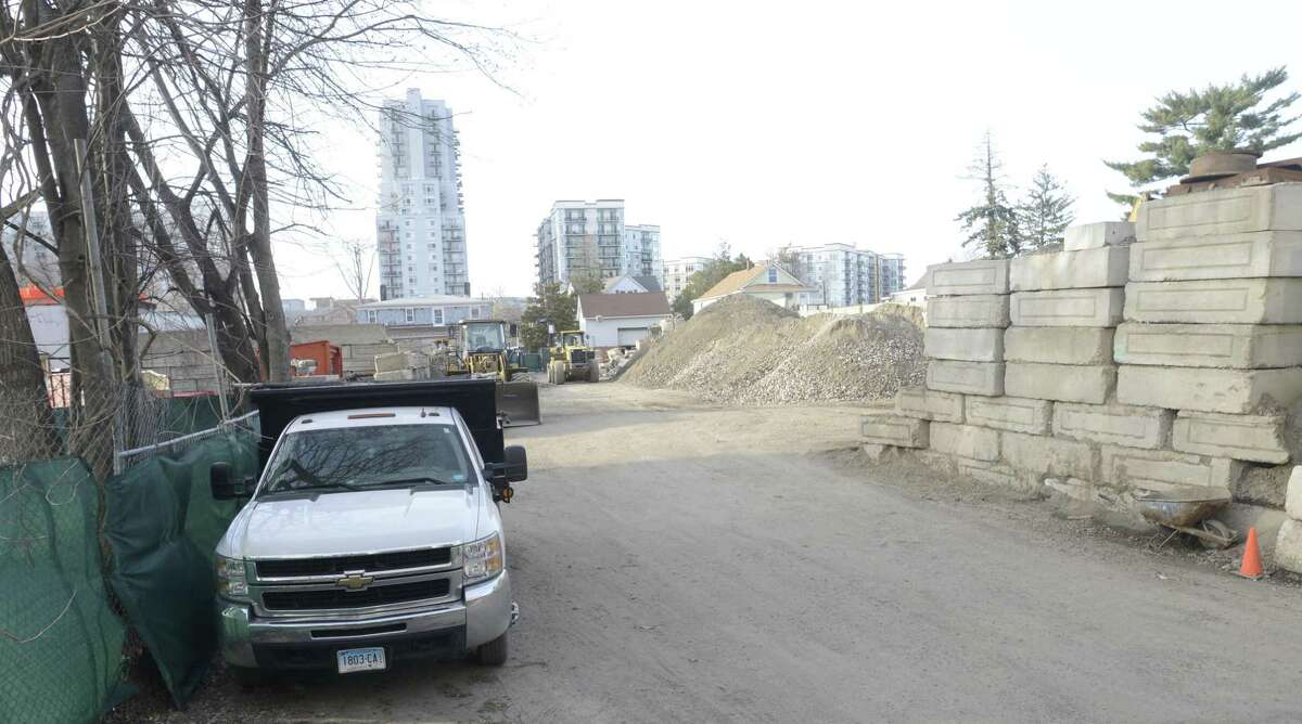 Vitti Construction of Stamford, is fighting over its materials processing operation where neighbors are complaining about a giant pile of rock shown in this photograph taken on March 30, 2016, looming over garages.