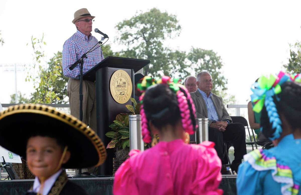 Joe Turner, director of the Houston Parks and Recreation Department, addresses members of the East End community during the grand reopening of Gragg Park last year. ( Marie D. De Jesus / Houston Chronicle )
