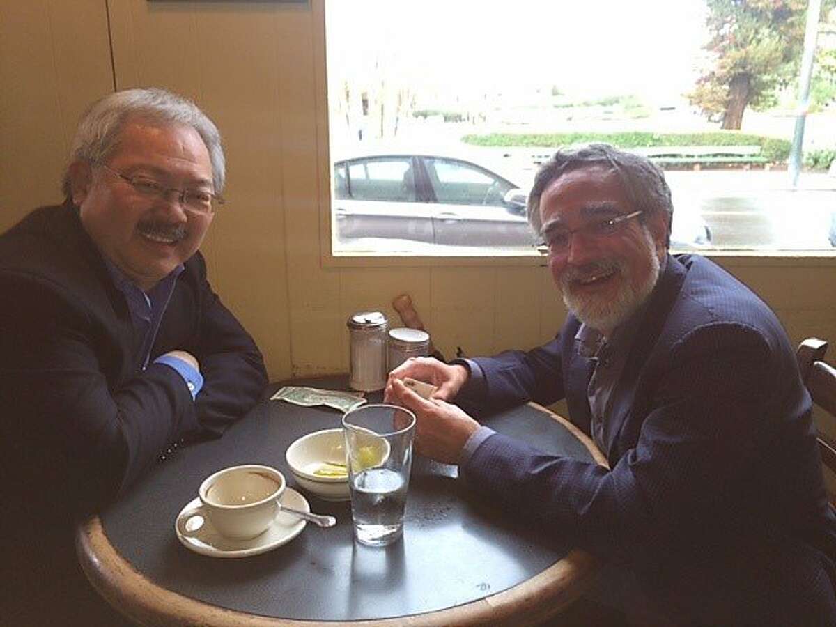 Political rivals Mayor Ed Lee and Supervisor Aaron Peskin sit down for coffee at Mario's Bohemian Cigar Store Cafe in North Beach.