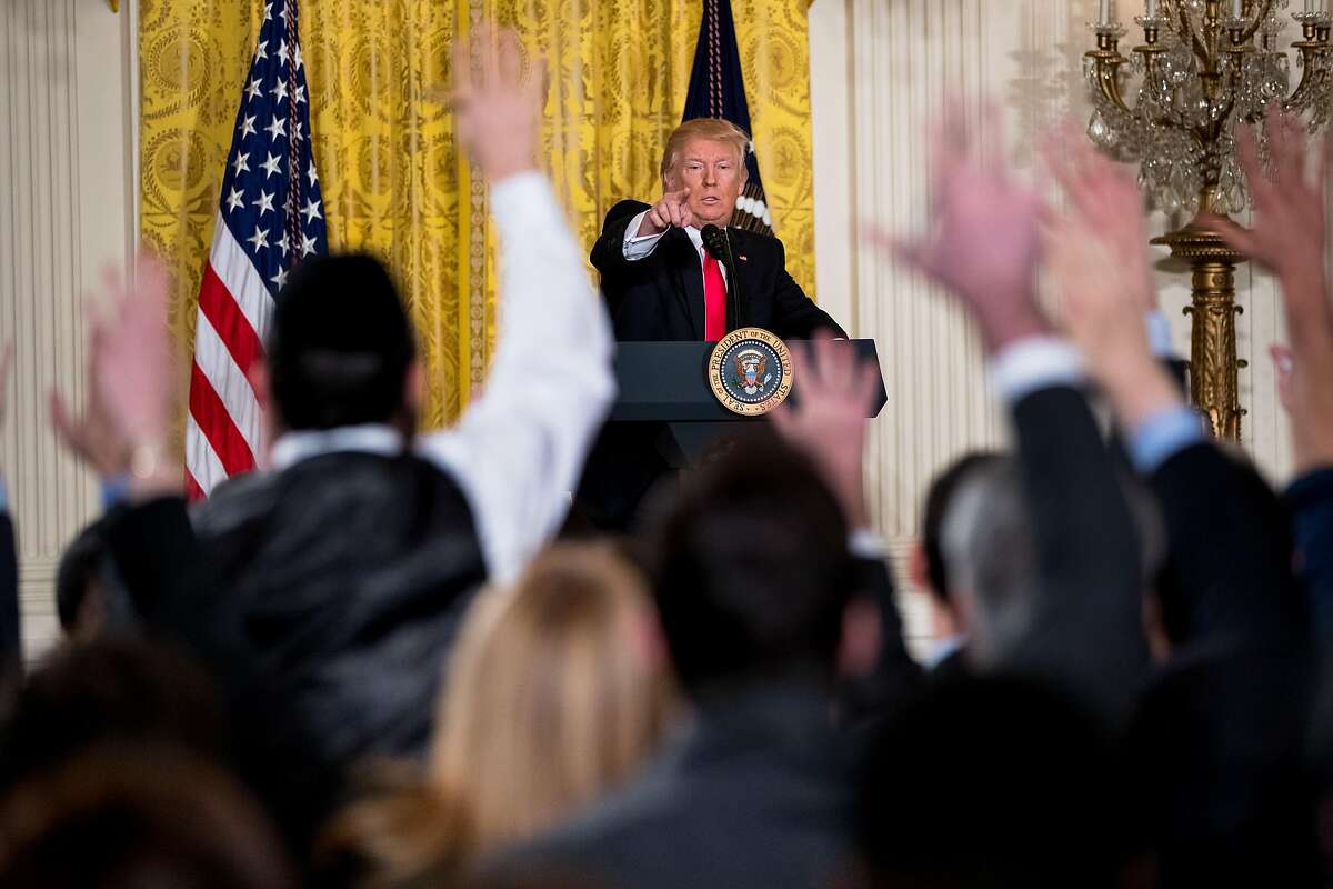 President Donald Trump calls on members of the press during a news conference, Thursday, Feb. 16, 2017, in the East Room of the White House in Washington. (AP Photo/Andrew Harnik)