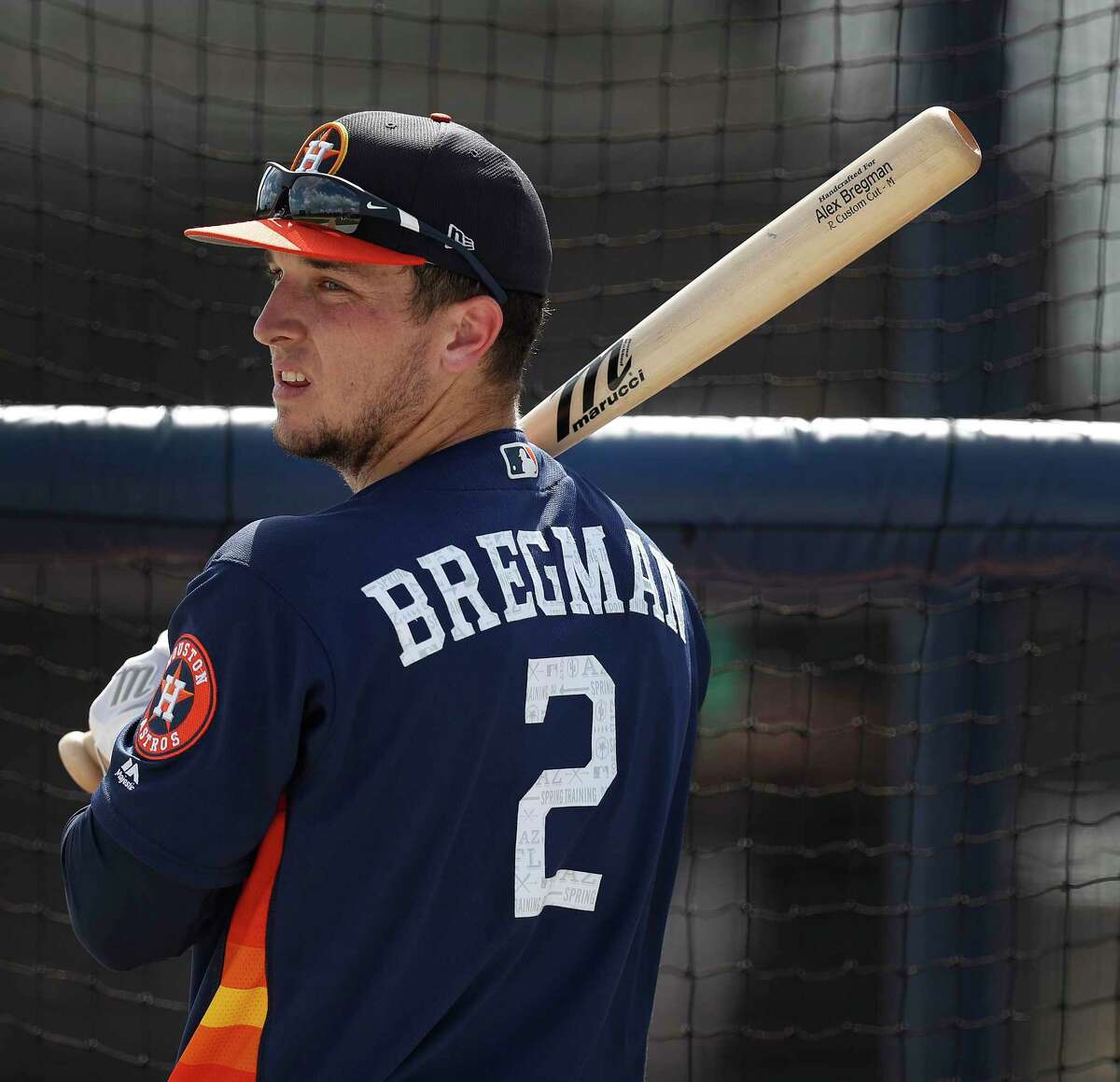 Houston Astros third baseman Alex Bregman (2) takes batting practice during spring training at The Ballpark of the Palm Beaches, in West Palm Beach, Florida, Sunday, February 19, 2017.