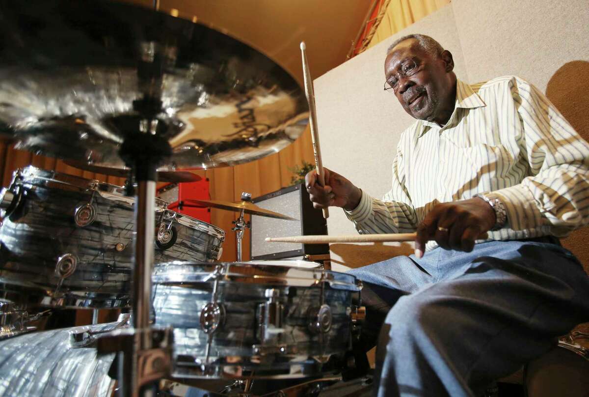 In this Sept. 4, 2015 photo, legendary drummer Clyde Stubblefield plays a set on the drums at Sosonic studio before a performance to raise money for a scholarship fund established in his name in Madison, Wis. Stubblefield, a drummer for James Brown who created one of the most widely sampled drum breaks ever, died Saturday, Feb. 18, 2017, at age 73. His wife, Jody Hannon, told The Associated Press that Stubblefield died of kidney failure at a Madison, Wis., hospital. (Amber Arnod/Wisconsin State Journal via AP)