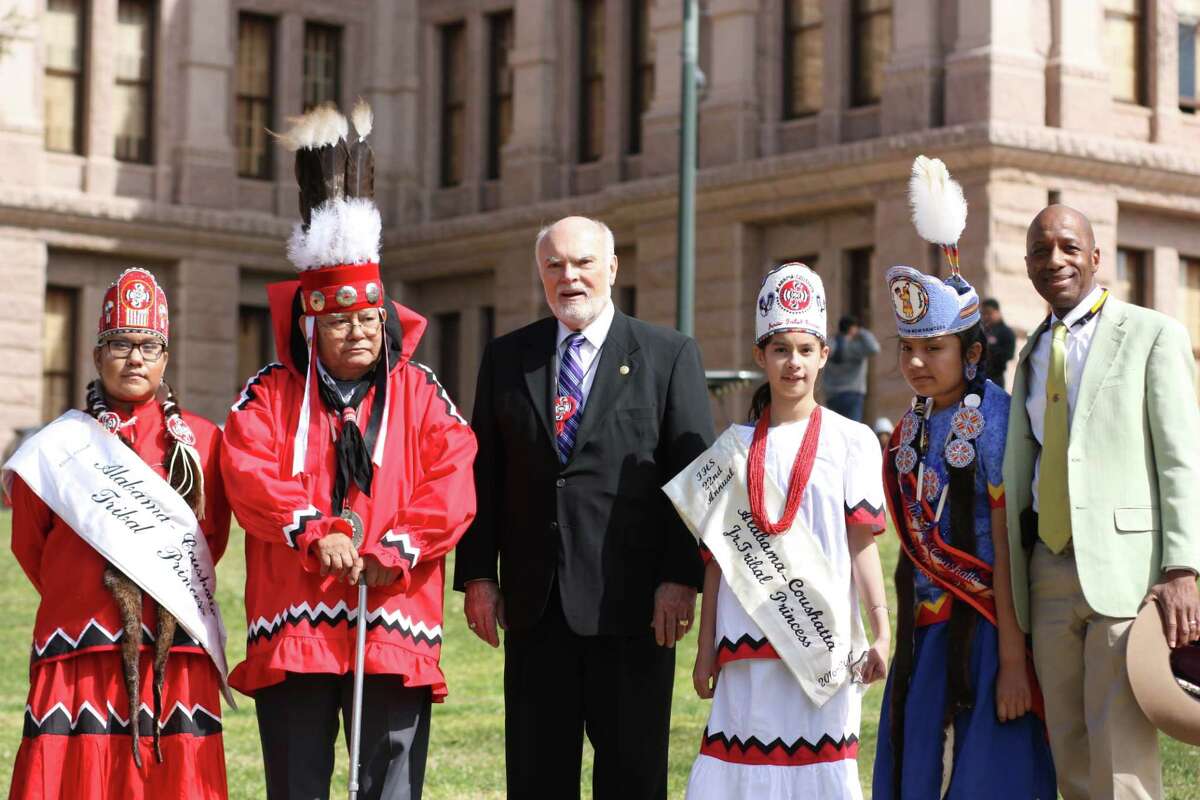 Skalaaba Herbert Johnson Sr., second-chief of the Alabama-Coushatta Tribe of Texas, and roughly 400 members of the tribe visited the State Capitol in Austin on Feb. 15. While there, they visited with Senator Robert Nichols (District 3) and Rep. James White (District 19) and presented a proclamation before the 85th Texas Legislature.