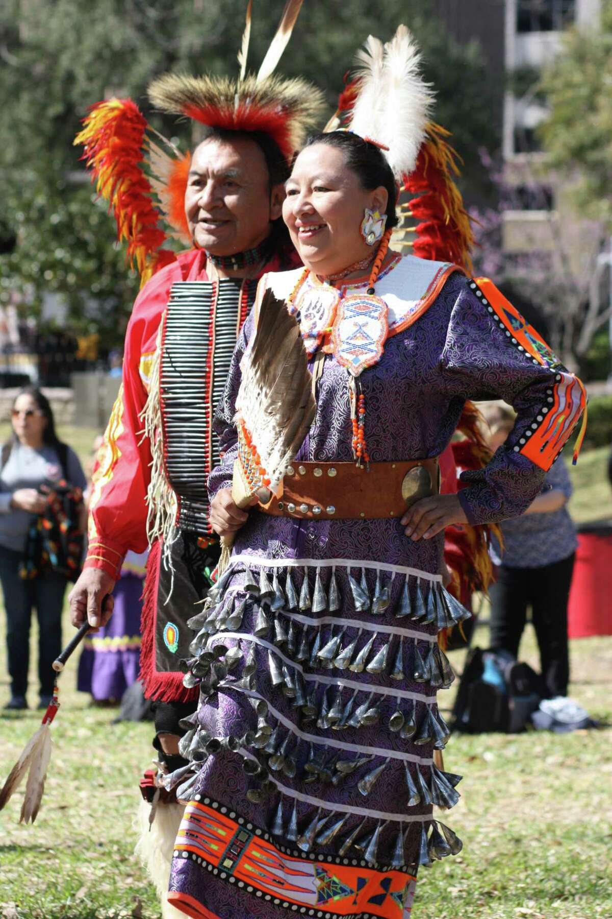 Yolanda Poncho, wearing a jingle dress, dances on the grounds of the State Capitol in Austin for Alabama-Coushatta Tribe of Texas Day on Feb. 15.