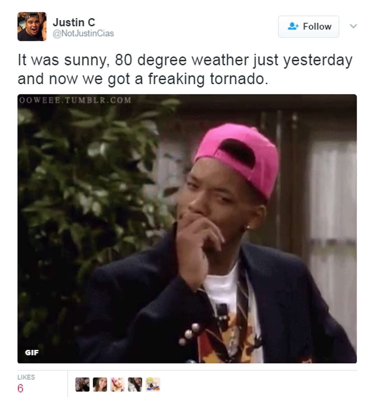 @NotJustinCias: It was sunny, 80 degree weather just yesterday and now we got a freaking tornado.