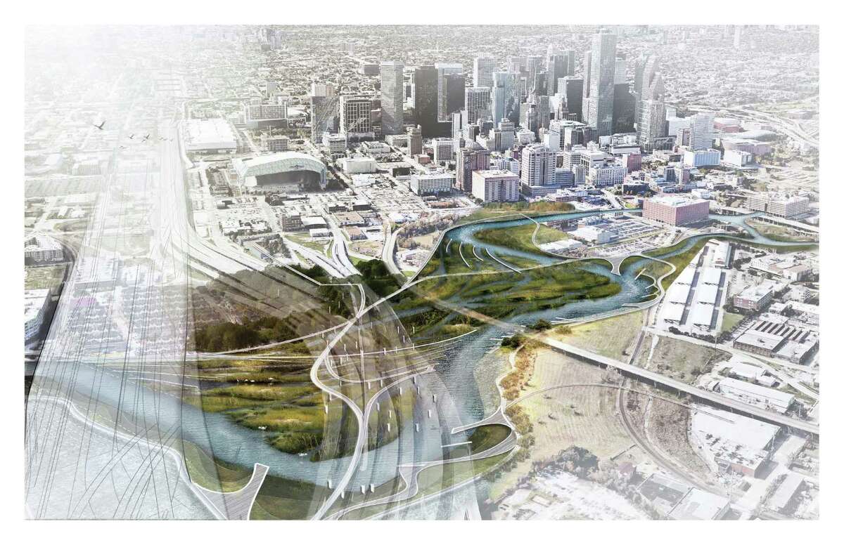 A conceptual drawing for an "I-69 Wetland Park" by Xun Liu and Ziwei Zhang, students at the Harvard University Graduate School of Design, imagines a park along a portion of Buffalo Bayou that is currently under freeway overpasses.
