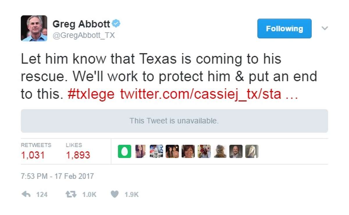 @GregAbbott_TX: "Let him know that Texas is coming to his rescue. We'll work to protect him & put an end to this. #txlege"