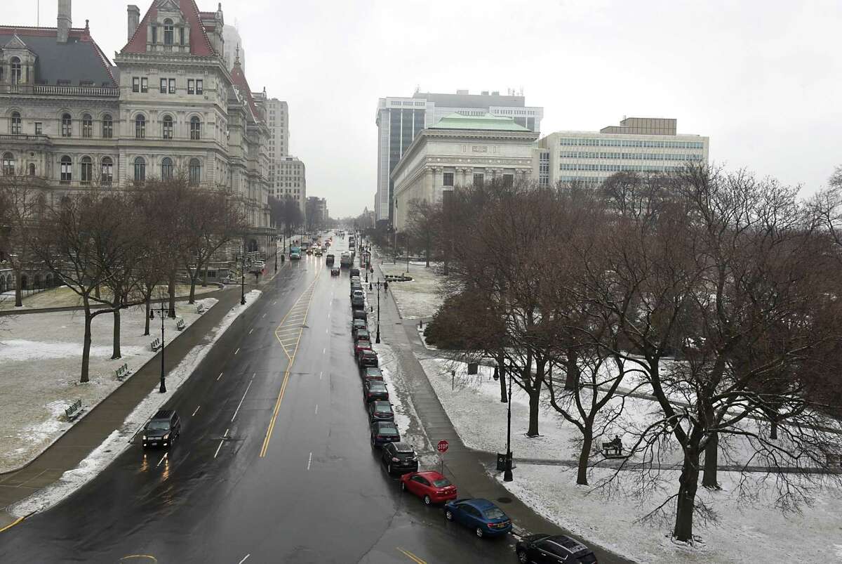 The New York State Capitol is seen at left looking up Washington Ave. from City Hall on Tuesday, Feb. 7, 2017 in Albany, N.Y. (Lori Van Buren / Times Union)