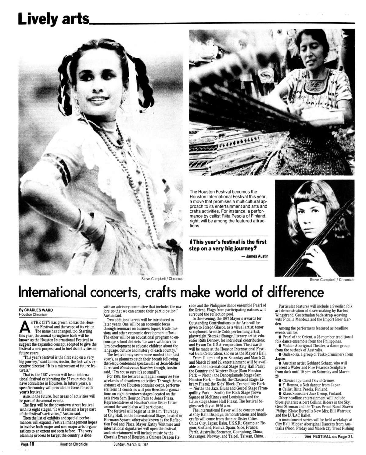 Houston Chronicle inside page - March 15, 1987 - section Zest, page 18. International concerts, crafts make world of difference