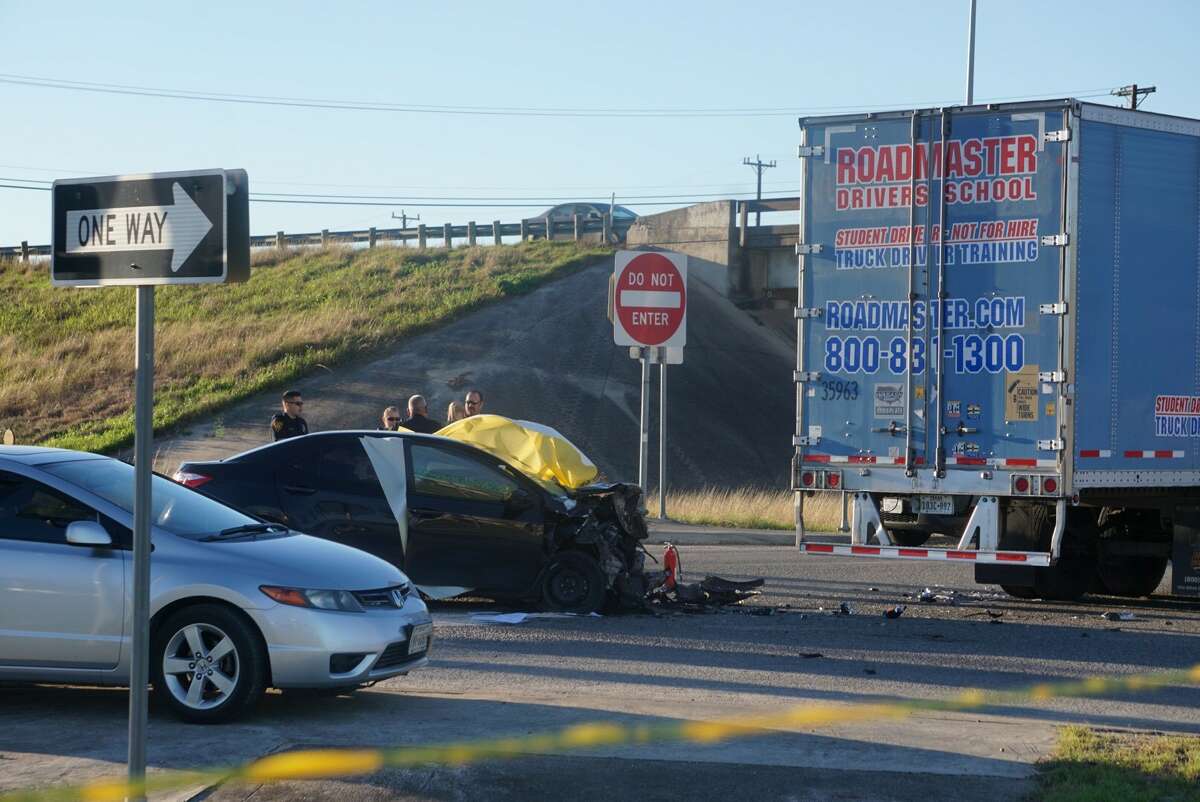A driver of a dark-colored sedan was killed in a collision with an 18-wheeler on Loop 410 Monday, Feb. 20, 2017.