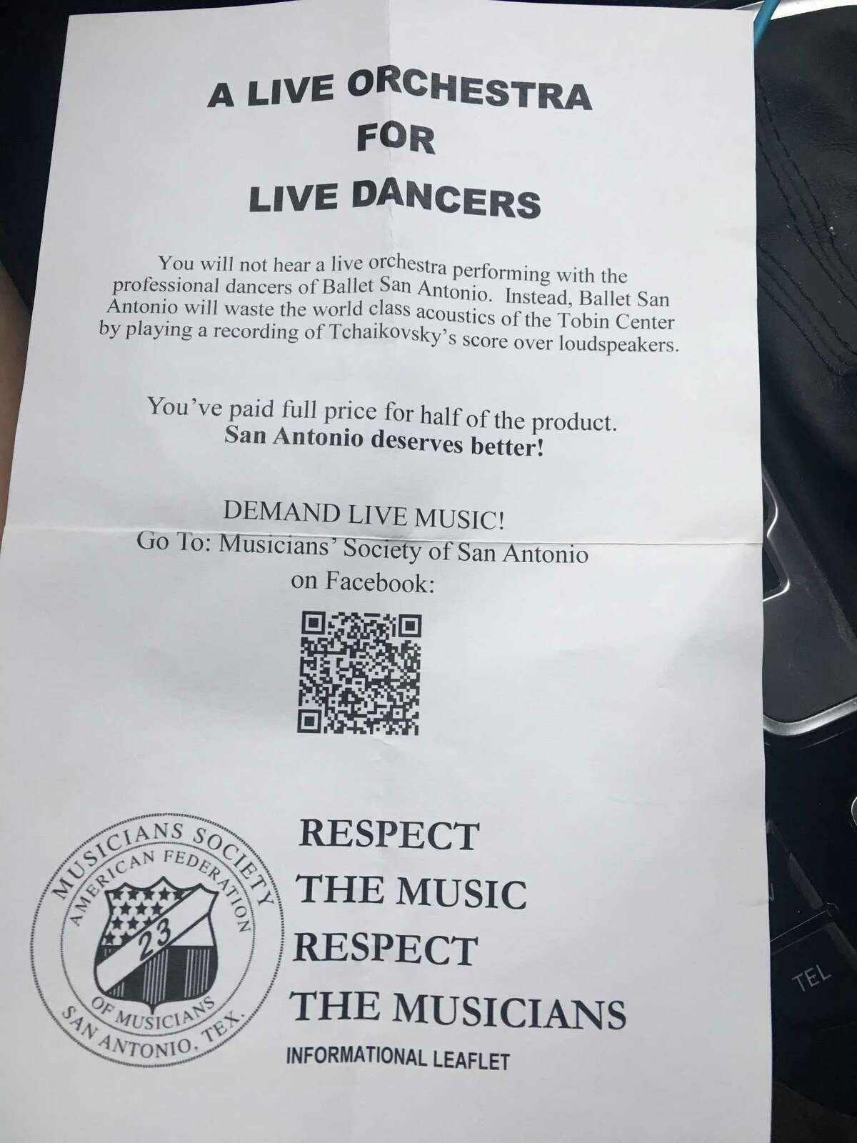 Members of the Musicians Society of San Antonio handed out these fliers to protest the use of pre-recorded music rather than a live symphony at the Ballet San Antonio production of “Sleeping Beauty” in February.