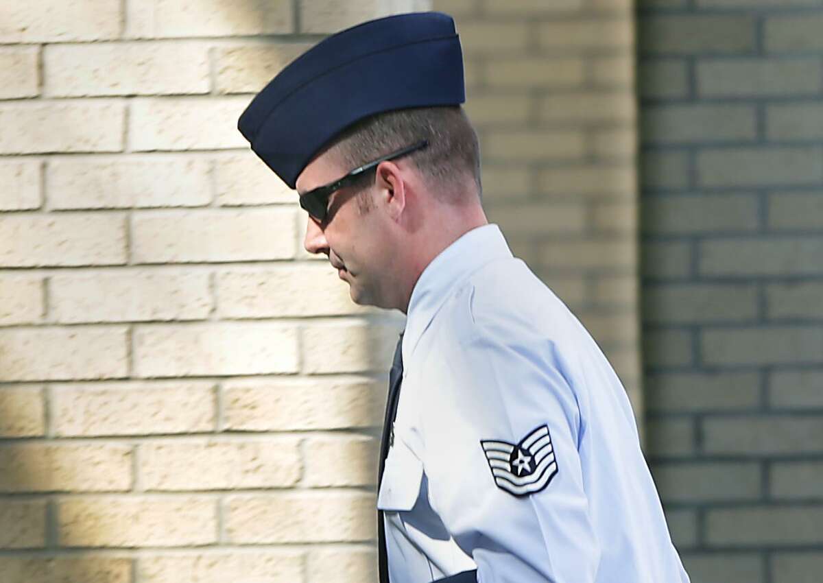 Tech Sgt. Anthony Lizana walks in for his court-martial at Joint Base San Antonio-Lackland in 2017. He was convicted of multiple charges of sexual misconduct, but an appeals panel threw out one for aggravated sexual assault and he was resentenced this week in San Antonio.