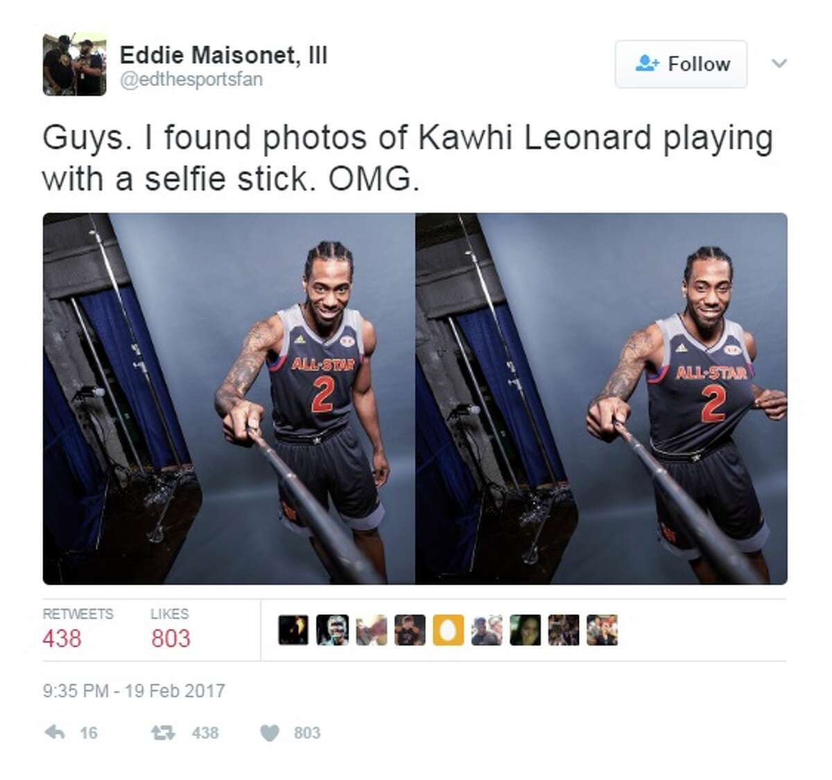 Kawhi Leonard may have glitched during his second consecutive All-Star Game appearance in New Orleans, because new photos show the stoic Spur carrying a geeky selfie stick and smile to match. See original tweet here.