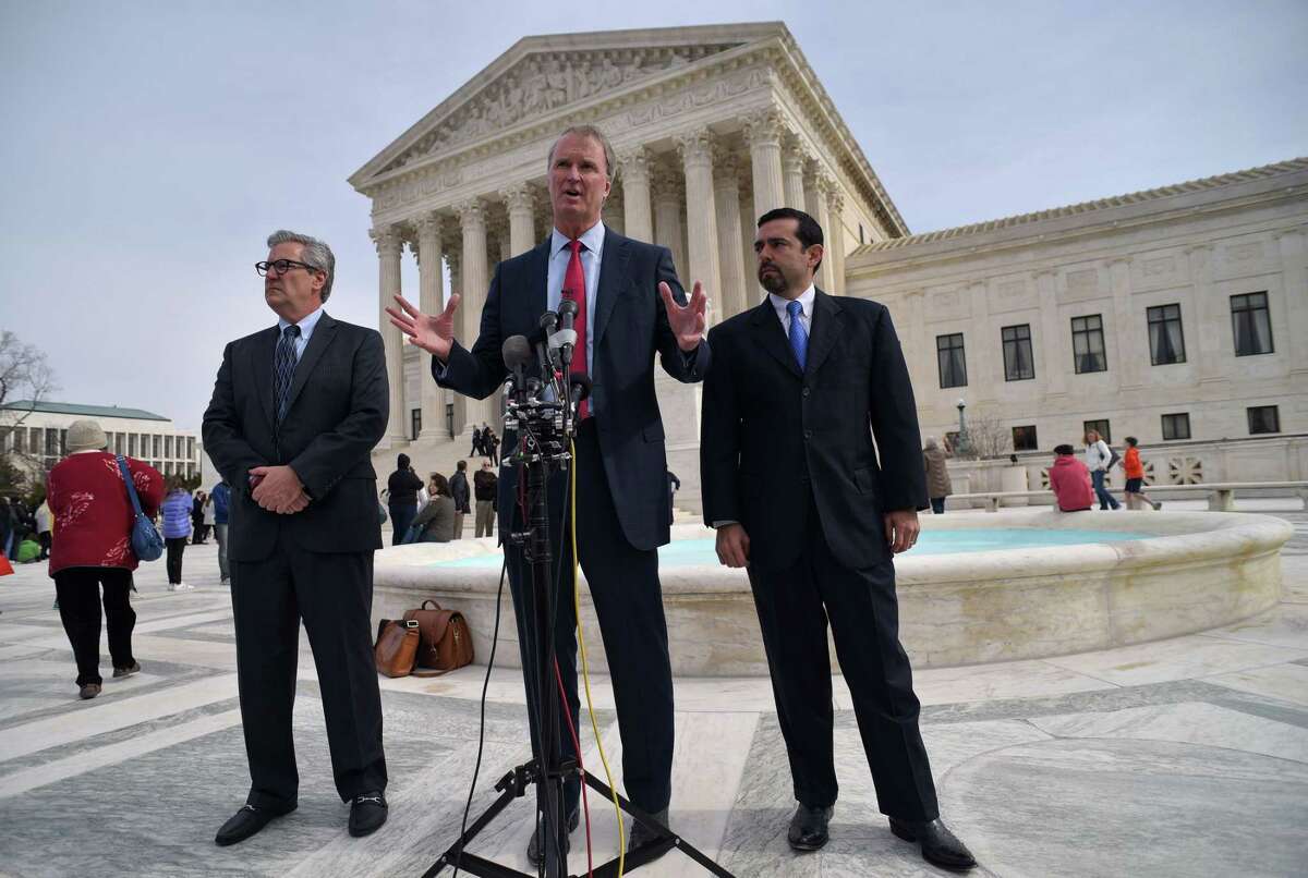 Attorney Bob Hilliard, representing the family of Mexican teenager Sergio Adrian Hernandez Guereca, speaks in front of the US Supreme Court after presenting his argument on February 21, 2017 in Washington, DC. Hernandez was on the Mexican side of the US-Mexico border when he was shot and killed by US border agent Jesus Mesa Junior. / AFP PHOTO / Mandel NganMANDEL NGAN/AFP/Getty Images