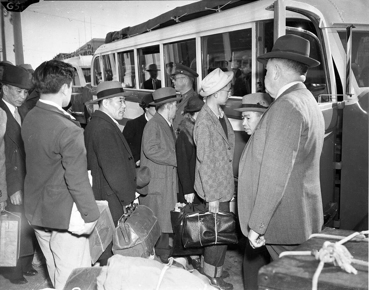 On April 6, 1942, San Franciscans of Japanese descent board a bus out of San Francisco, to an internment camp at Tanforan Park.