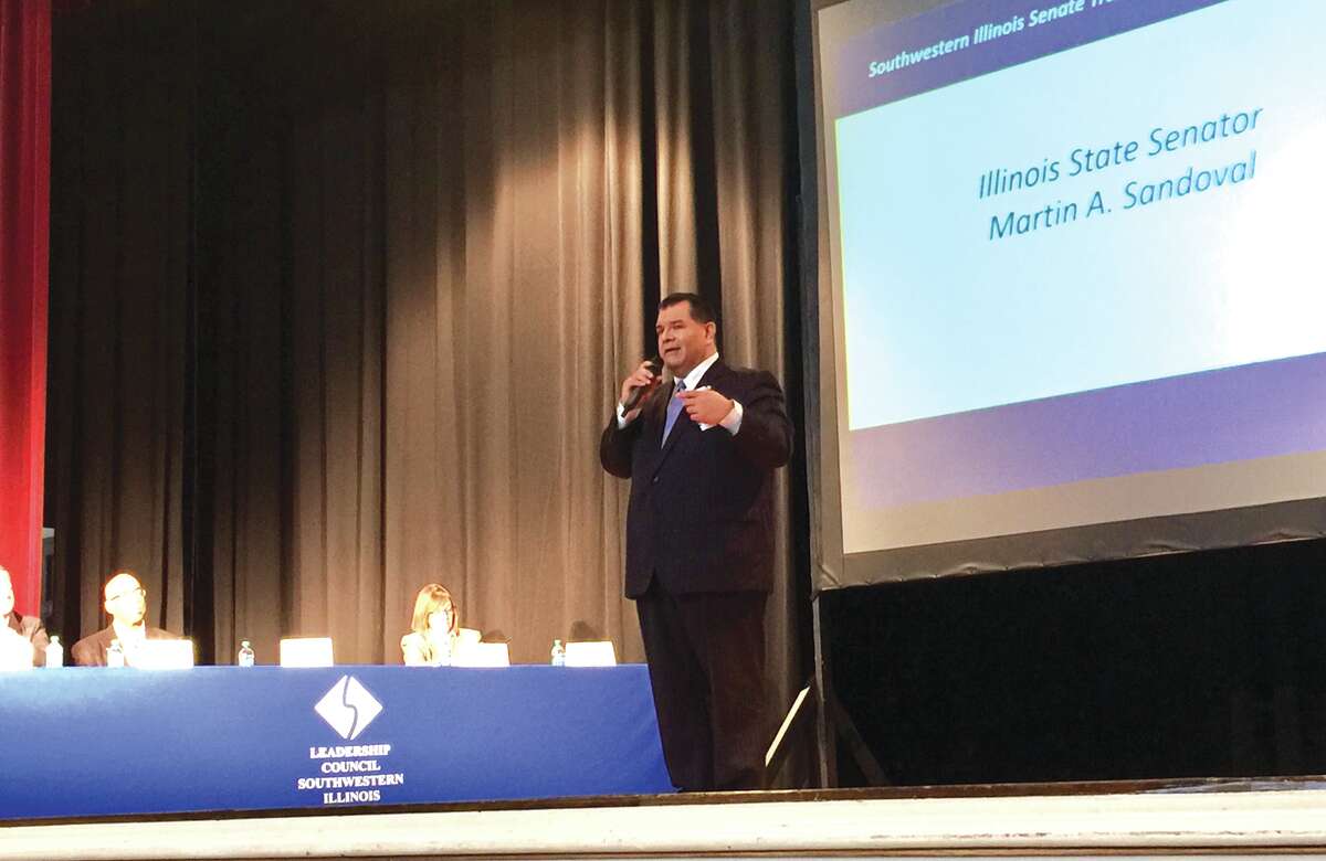 Senator Martin Sandoval addresses the crowd of area business and transportation leaders at a recent event hosted by the Leadership Council Southwestern Illinois at Lindenwood University Belleville Campus.