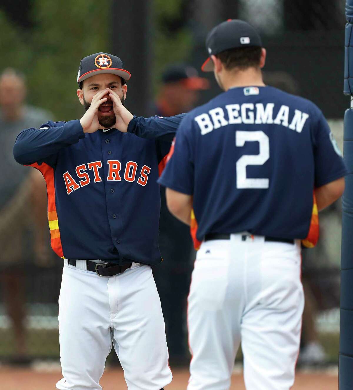 Houston Astros Jose Altuve (27) messes around with Alex Bregman (2) during spring training at The Ballpark of the Palm Beaches, in West Palm Beach, Florida, Wednesday, February 22, 2017.