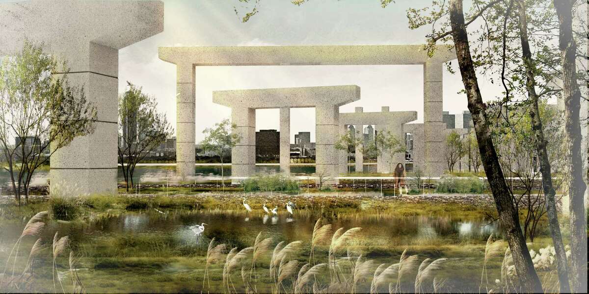 A rendering of an imagined eco-park underneath freeway remnants east of downtown.