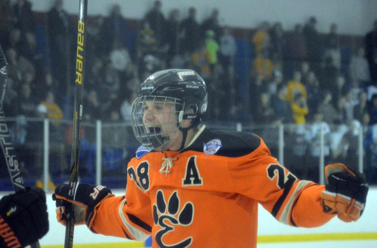 Edwardsville senior defenseman Rory Margherio celebrates his goal he scored against CBC on Feb. 4 at the Affton Ice Rink. The Tigers and CBC Cadets will meet in a semifinal series, which starts tonight and concludes Saturday.