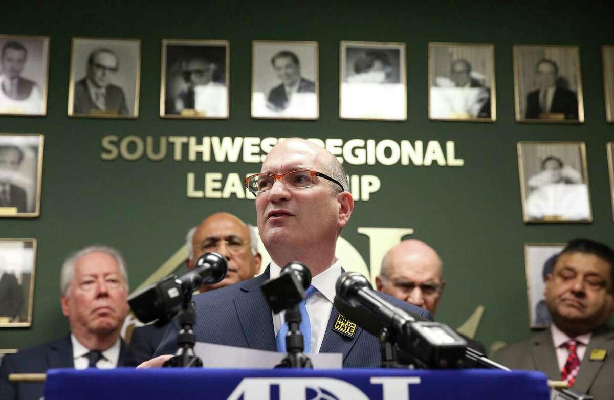Anti-Defamation League Southwest Regional Director Dayan Gross and local faith leaders gather together at a press conference to show solidarity to the Jewish community Wednesday, Feb. 22, 2017, in Houston.