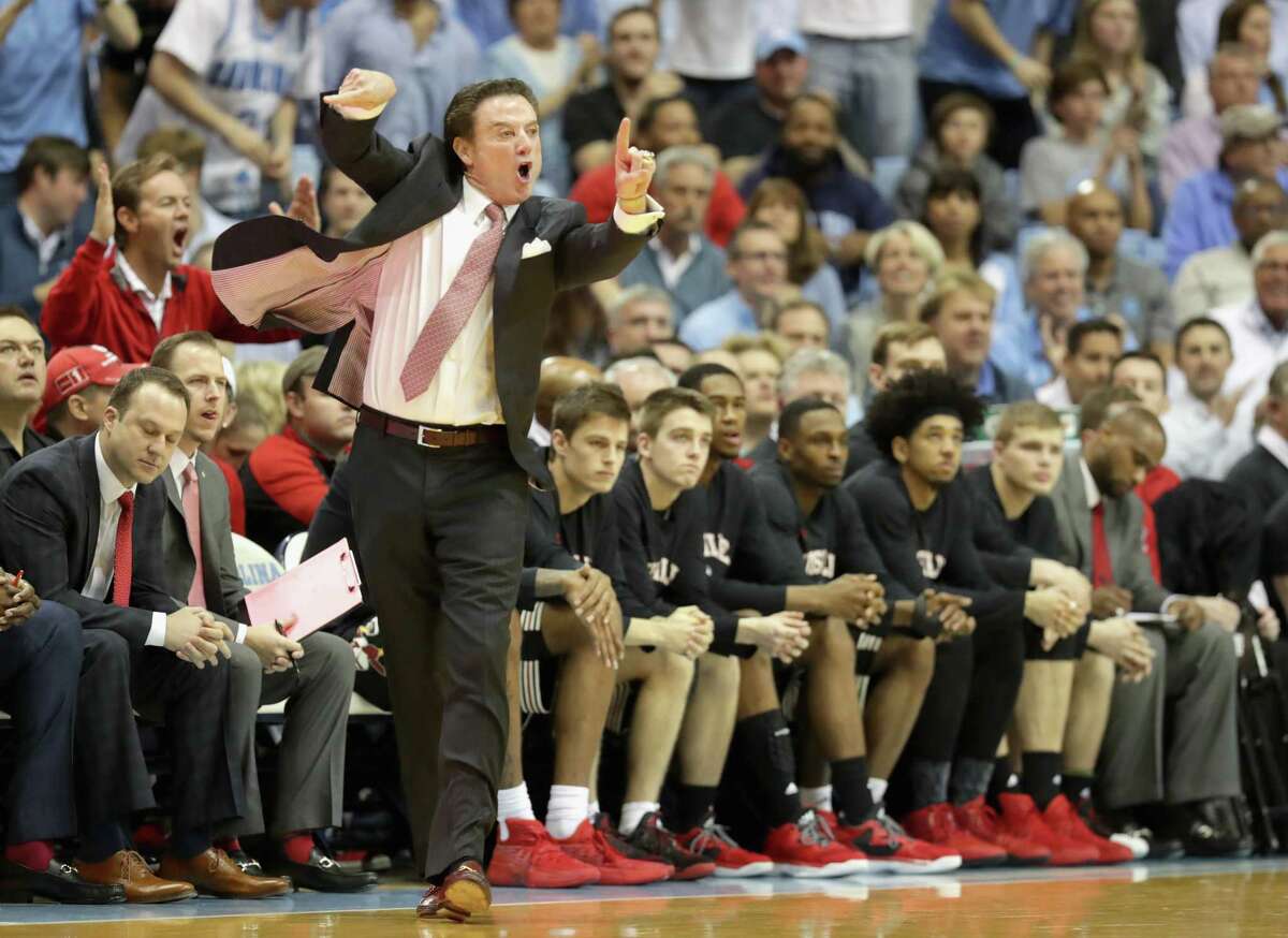 CHAPEL HILL, NC - FEBRUARY 22: Head coach Rick Pitino of the Louisville Cardinals yells to his team during their game against the North Carolina Tar Heels at the Dean Smith Center on February 22, 2017 in Chapel Hill, North Carolina.