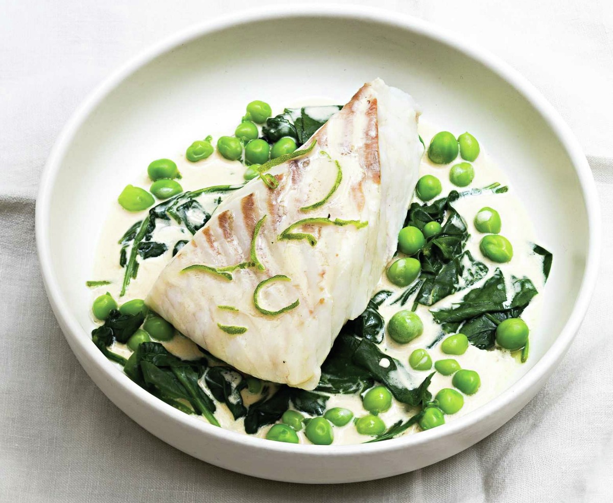 Steamed Turbot with Lemongrass, Peas and Baby Spinach demonstrates the proper technique of steaming.