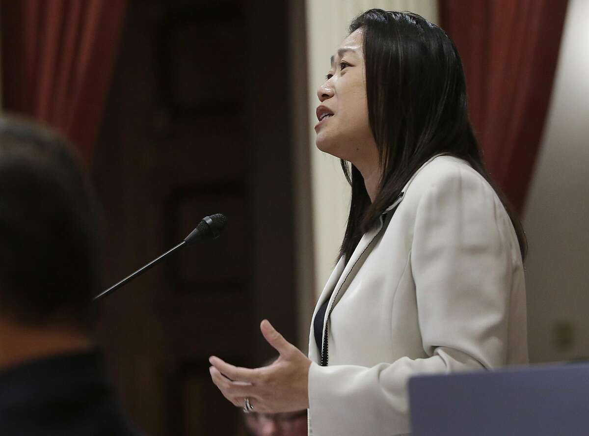 FILE -- In this May 26, 2016 file photo Sen. Janet Nguyen, R-Fountain Grove, speaks in Sacramento, Calif. Nguyen was removed from the Senate floor Thursday, Feb. 23, 2017, after refusing to stop delivering a speech criticizing former Sen. Tom Hayden for his anti-war activism in Vietnam. (AP Photo/Rich Pedroncelli, file)
