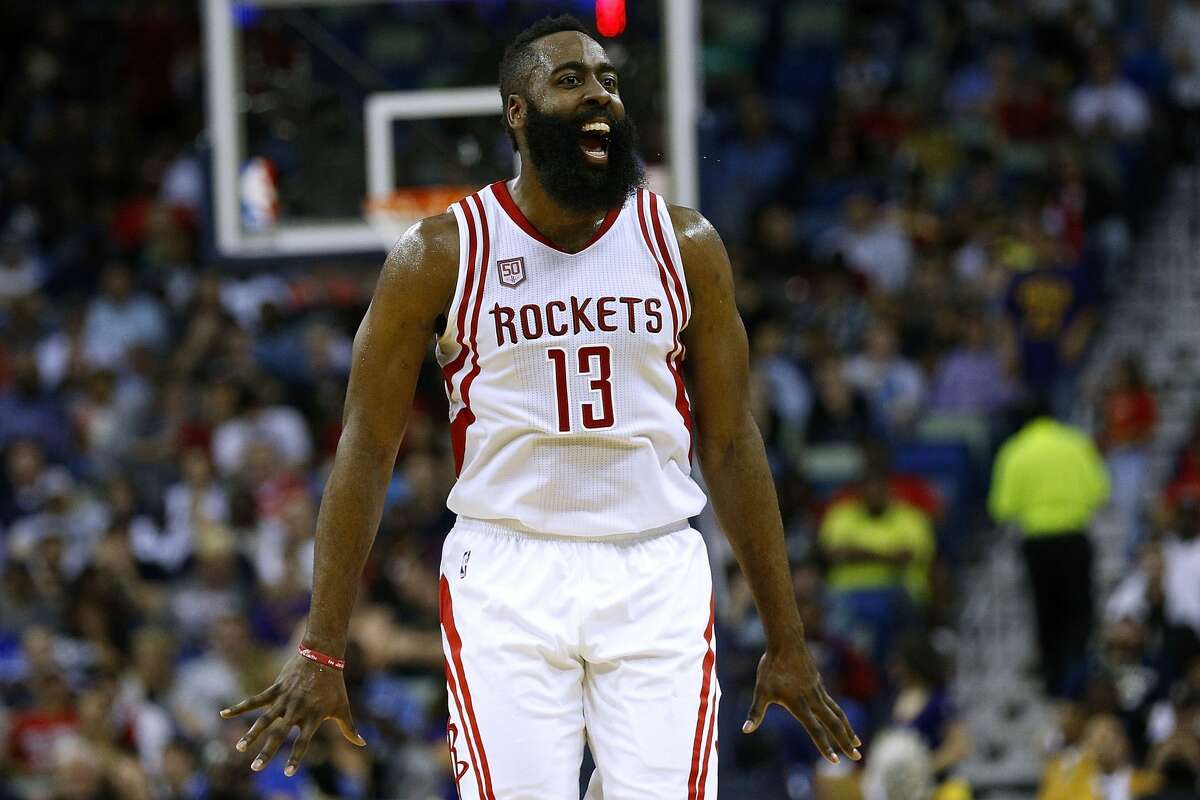 NEW ORLEANS, LA - FEBRUARY 23: James Harden #13 of the Houston Rockets celebrates during the second half of a game against the New Orleans Pelicans at the Smoothie King Center on February 23, 2017 in New Orleans, Louisiana. NOTE TO USER: User expressly acknowledges and agrees that, by downloading and or using this photograph, User is consenting to the terms and conditions of the Getty Images License Agreement. (Photo by Jonathan Bachman/Getty Images)