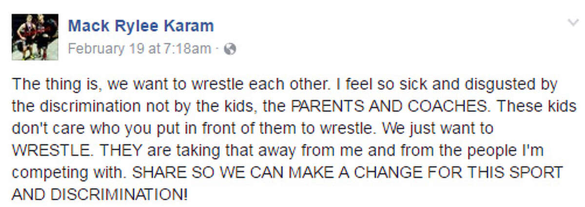 “We want to wrestle each other” Although Mack Beggs has refused interview requests, he posted the following on Facebook: "The thing is, we want to wrestle each other. I feel so sick and disgusted by the discrimination not by the kids, the PARENTS AND COACHES. These kids don't care who you put in front of them to wrestle. We just want to WRESTLE. THEY are taking that away from me and from the people I'm competing with."