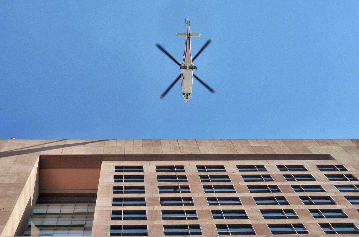 TOPSHOT - A helicopter arrives at the Foreign Ministry building in Mexico City, as US Secretary of State Rex Tillerson and US Secretary of Homeland Security John Kelly visit Mexico, on February 23, 2017. Mexico vowed not to let the United States impose migration reforms on it as its leaders prepared Thursday to host US officials Tillerson and Kelly who are cracking down on illegal immigrants. / AFP PHOTO / Pedro PARDOPEDRO PARDO/AFP/Getty Images
