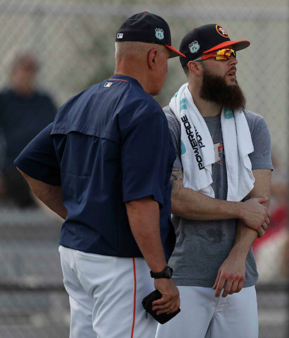 Houston Astros starting pitcher Dallas Keuchel talks with Houston Astros pitching coach Brent Strom during spring training at The Ballpark of the Palm Beaches, in West Palm Beach, Florida, Friday, February 24, 2017.