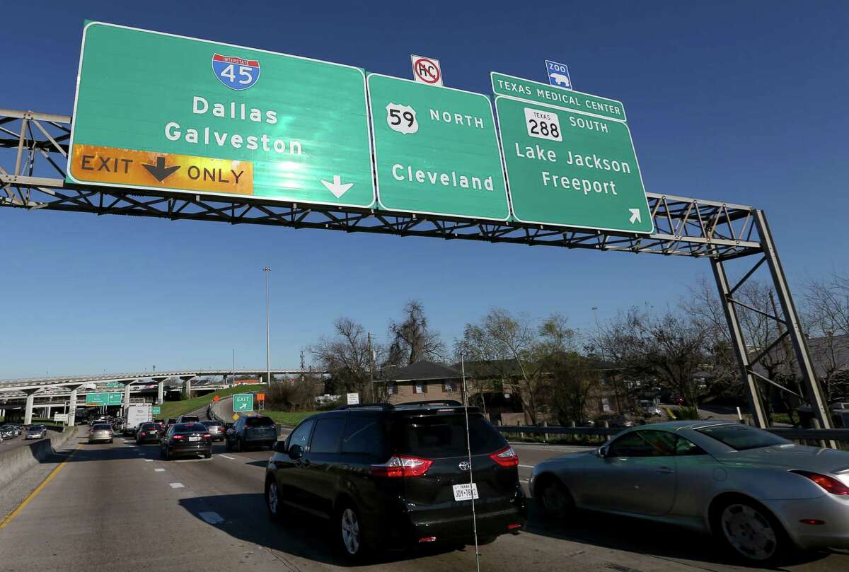 Signs show the connections from Interstate 69/U.S. 59 northbound to Interstate 45 and Texas 288 on Feb. 23. The interchange is one of the first addressed in a lengthy plan to remake downtown Houston freeways.