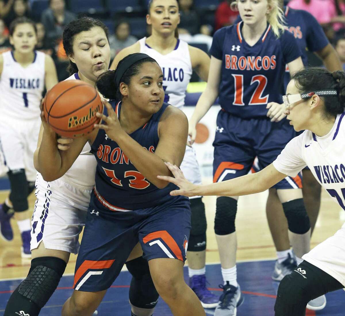 Bronco forward Denay Griffin powers out of the lane with a defensive rebound as Brandeis plays Weslaco at the Laredo Energy Arena in the Region IV-6A semifinals of girls basketball on February 24, 2017.