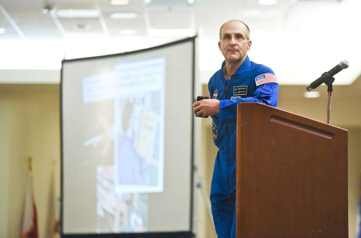 NASA Astronaut Donald R. Pettit speaks to a room full of 6th-grade girls and high school sophomores on Friday about the daily routine of an astronaut in the International Space Station at the TAMIU Student Center during a TAMIU STEM Alliance event.