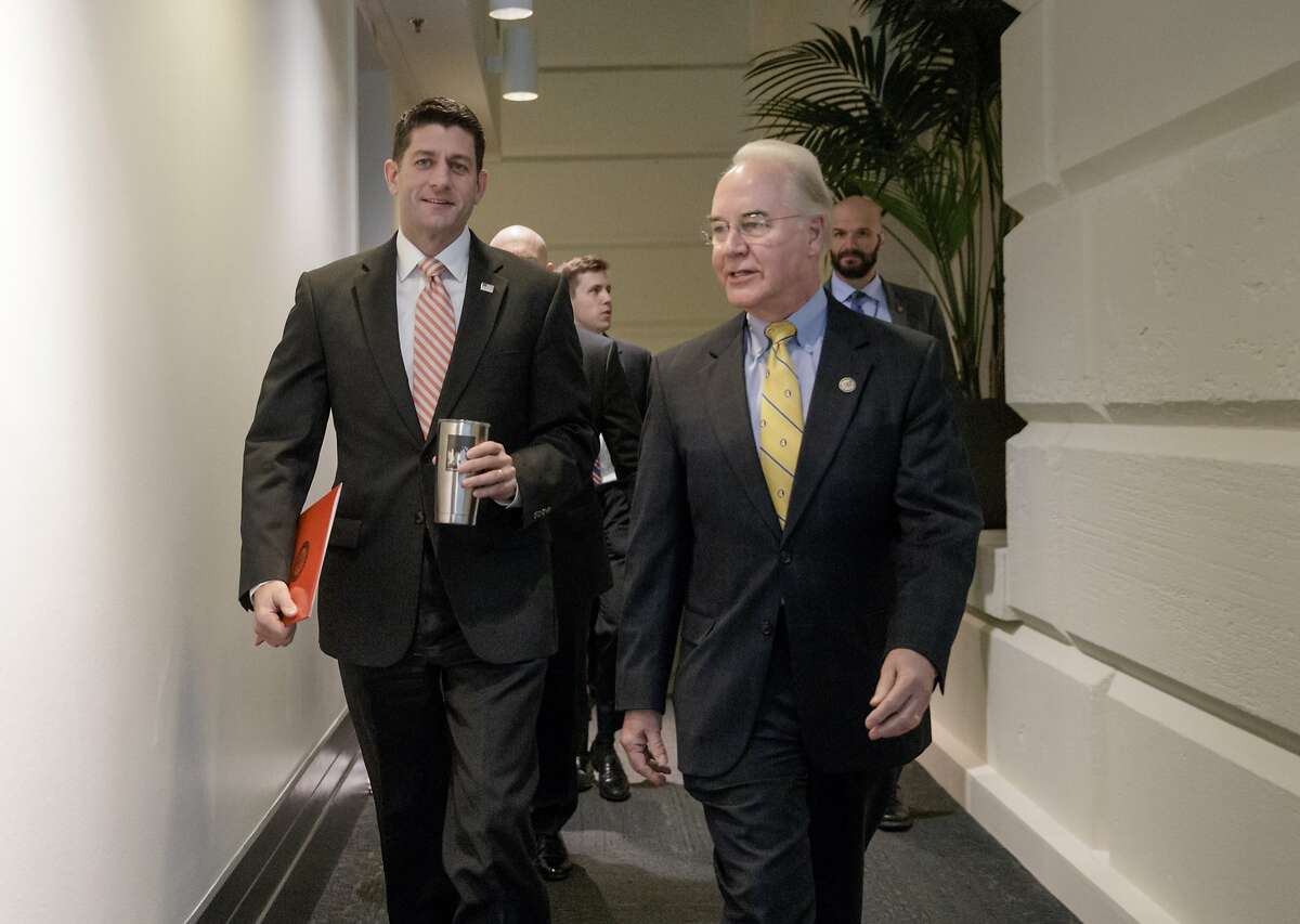 In this Jan. 31, 2017 file photo, House Speaker Paul Ryan of Wis. arrives with Health and Human Services Secretary-designate, Rep. Tom Price, R-Ga. on Capitol Hill in Washington, for a closed-door GOP strategy session. Top House Republicans say their outline for replacing President Barack Obama�s health care law is a pathway to greater flexibility and lower costs for consumers. Democrats see it as a road to ruin that will mean lost coverage and bigger medical expenses for millions, particularly poorer people.(AP Photo/J. Scott Applewhite)