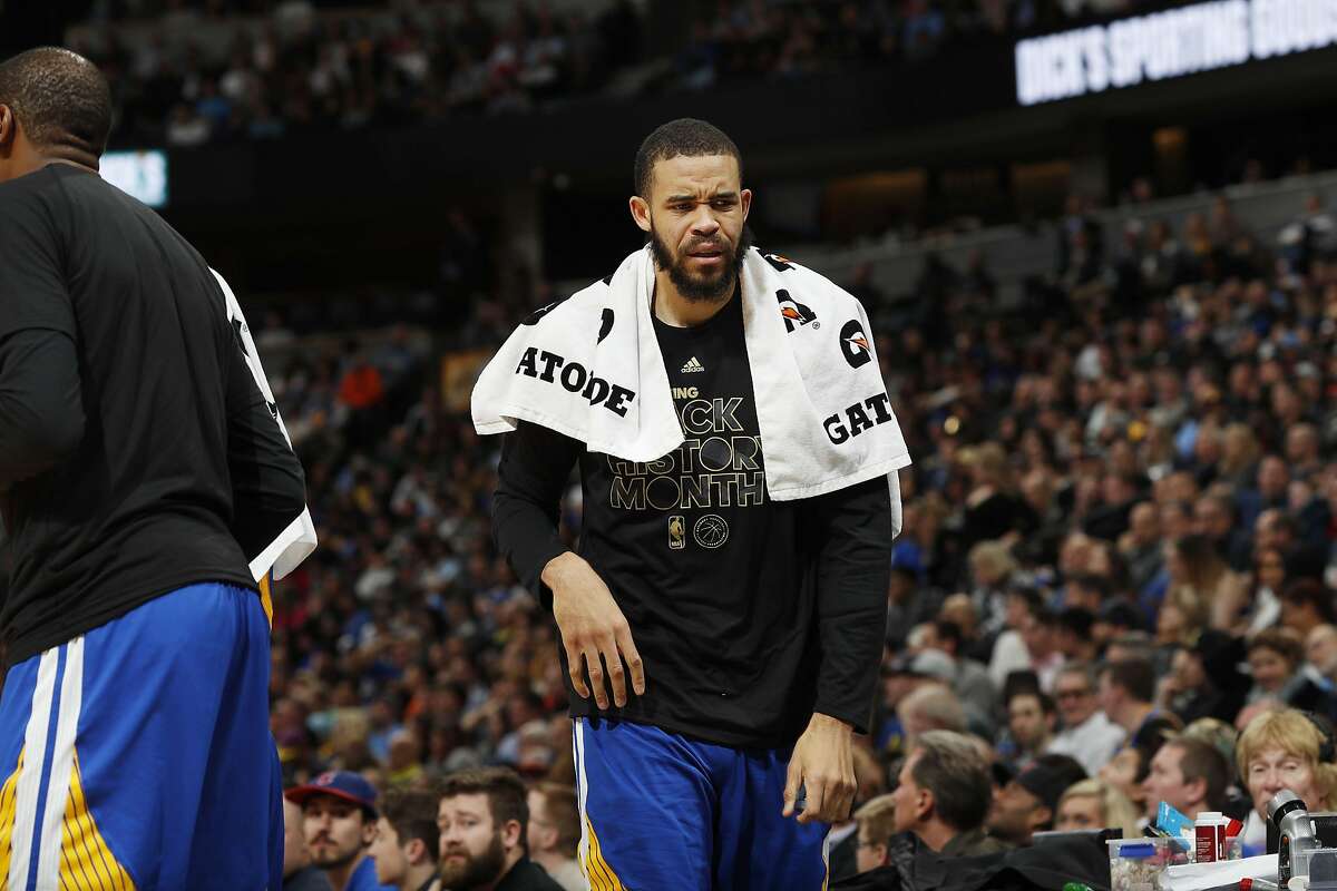 Golden State Warriors center JaVale McGee (1) in the second half of an NBA basketball game Monday, Feb. 13, 201, in Denver. The Nuggets won 132-110. (AP Photo/David Zalubowski)