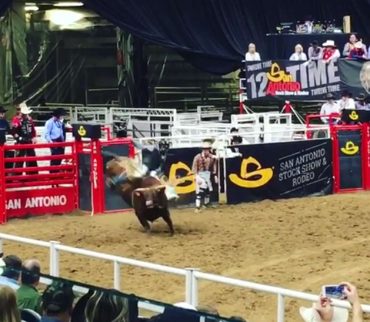 A San Antonio Stock Show & Rodeo bull rider's brutal kick to the head was caught on video by a spectator Wednesday, Feb. 22, 2017.