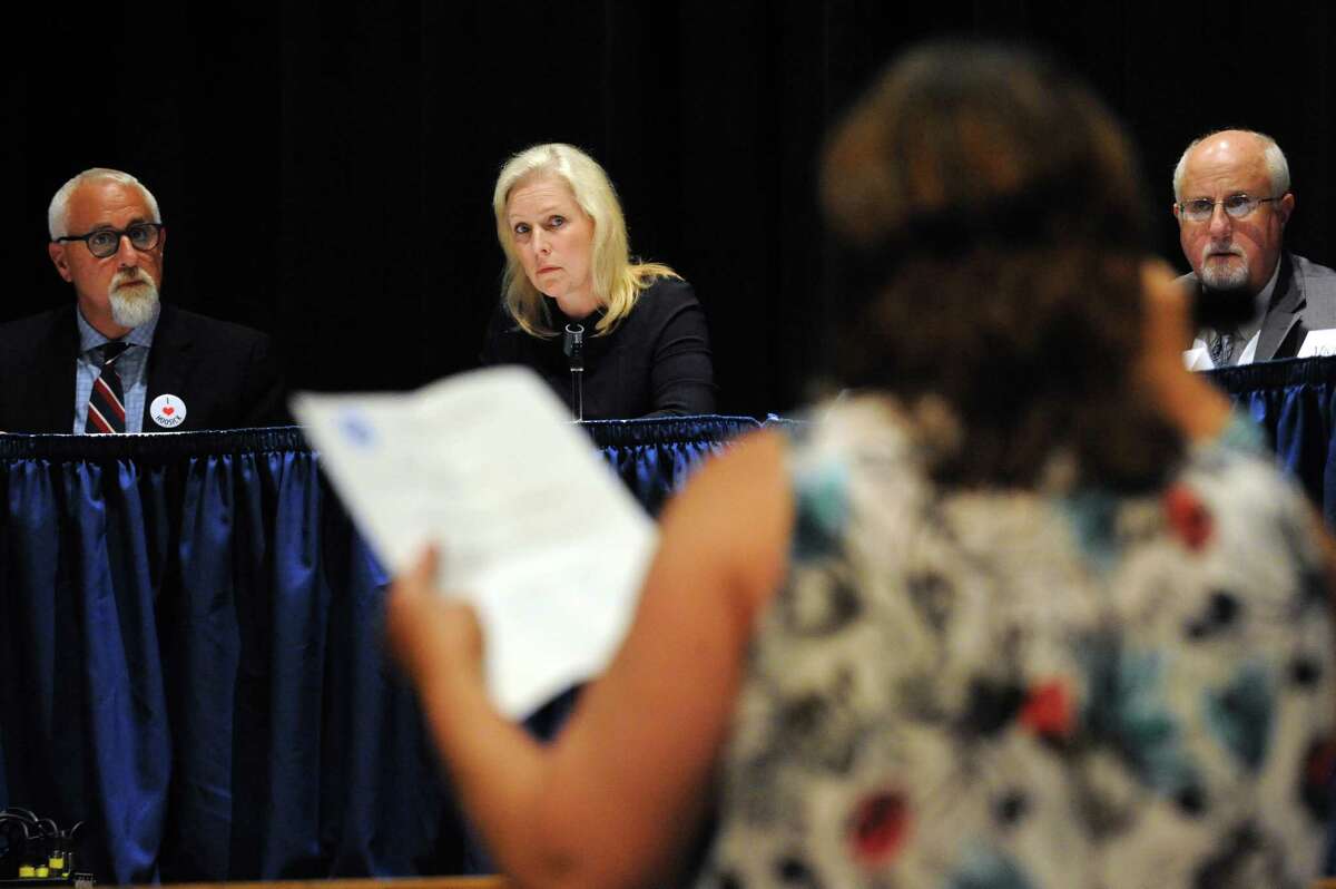 U.S. Senator Kirsten Gillibrand listens as Petersburgh Teresa Scicchitano-deWaal resident tells how the PFOA contamination has personally impacted her life during a roundtable discussion at Hoosick Falls Central School on Friday July 8, 2016 in Hoosick falls, N.Y. (Michael P. Farrell/Times Union)