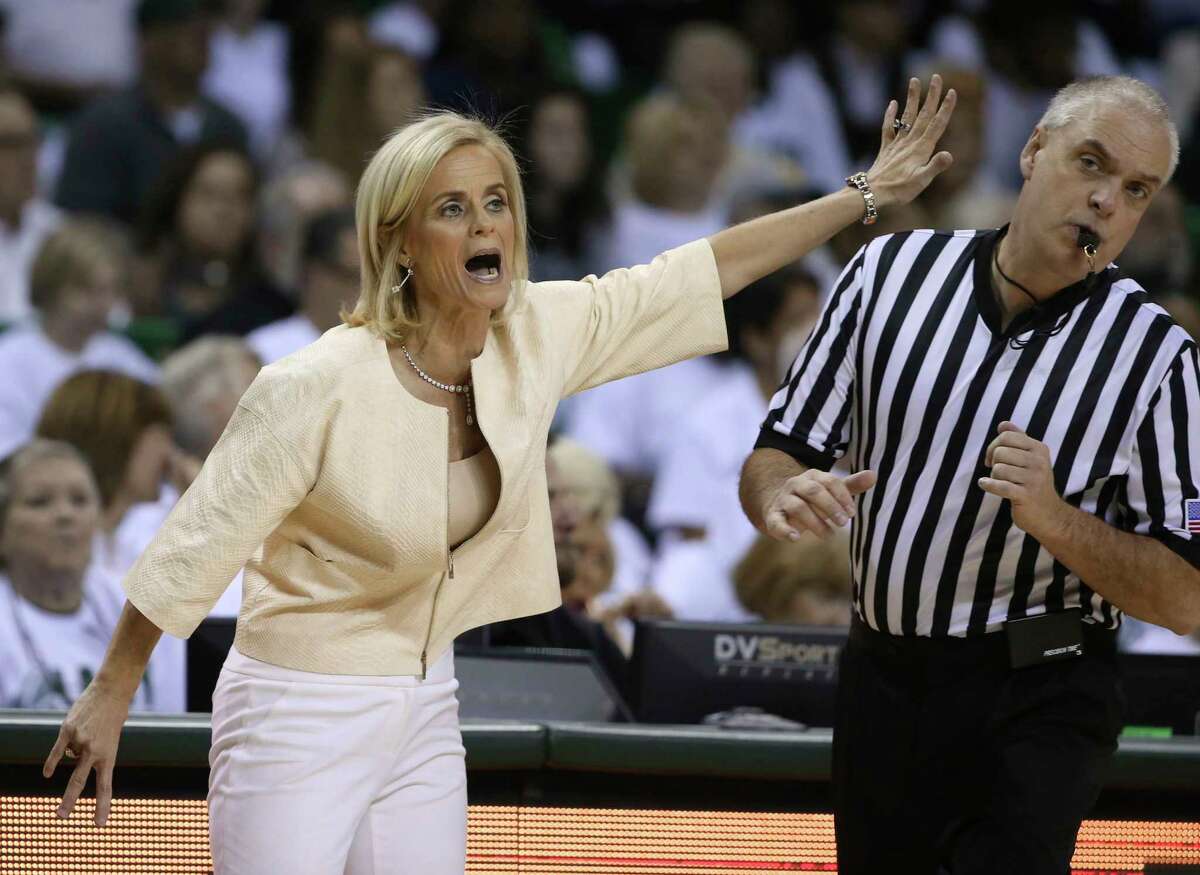 Baylor head women's coach Kim Mulkey calls in a play during the second half of an NCAA college basketball game against Texas Tech, Saturday, Feb. 25, 2017, in Waco, Texas. Baylor won 86-48. (AP Photo/Rod Aydelotte)