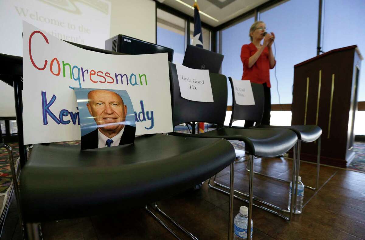 A photo of Congressman Kevin Brady is shown in a chair during an event billed as a town hall of the constituents of the 8th Congressional District held at Conroe Tower, 300 W. Davis Street, Saturday, Feb. 25, 2017, in Conroe. The 8th Congressional District is represented by Congressman Kevin Brady (R-Woodlands), and the event organizers invited the congressman, but didn't expect him to attend.