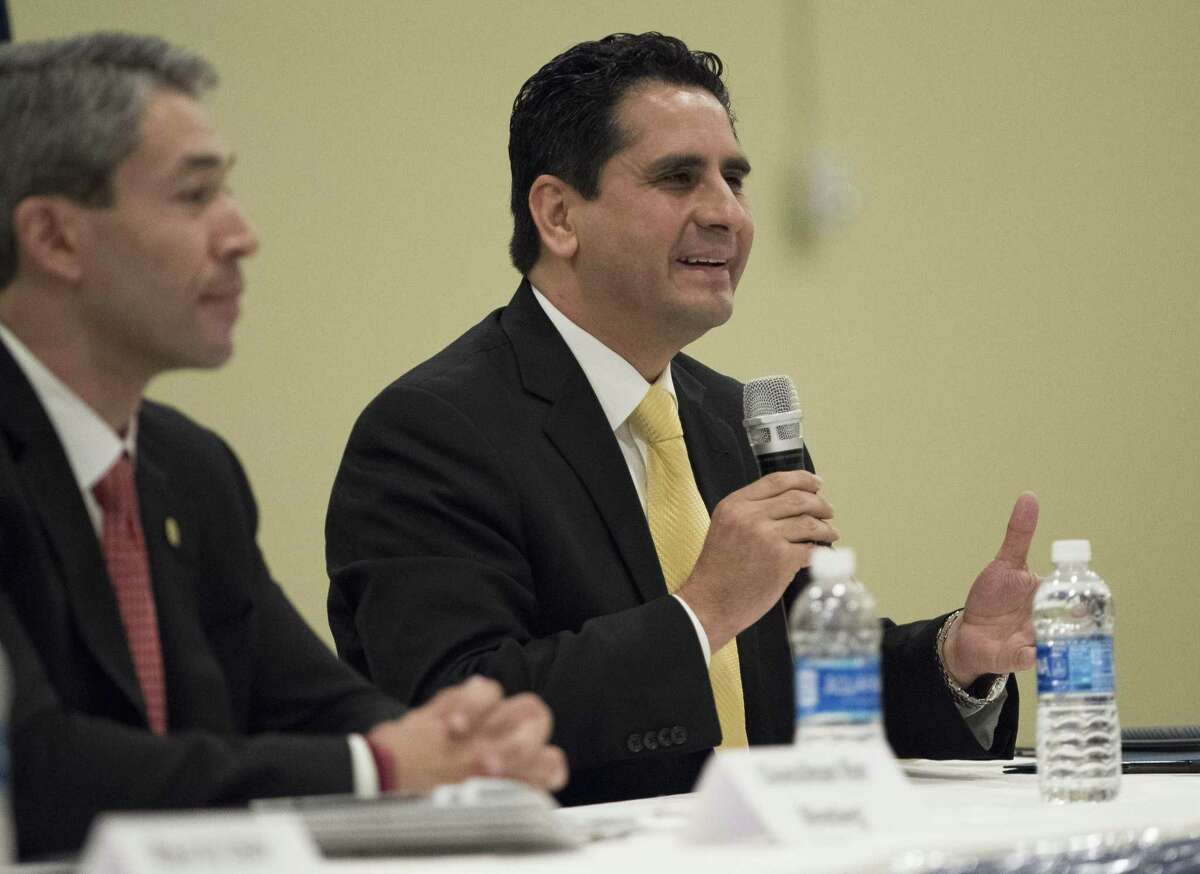 Bexar Country Democratic Party Chairman and mayoral candidate Manuel Medina, right, speaks during a mayoral forum hosted by the Asian American Alliance of San Antonio, Saturday, Feb. 25, 2017, in San Antonio. (Darren Abate/For the San Antonio Express-News)