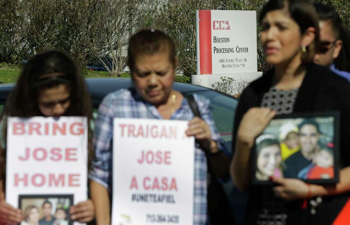 Rose Ascencio-Escobar, right, speaks during a rally Saturday calling for the release of her husband, Jose Escobar, who was arrested by Houston immigration authorities last week.﻿