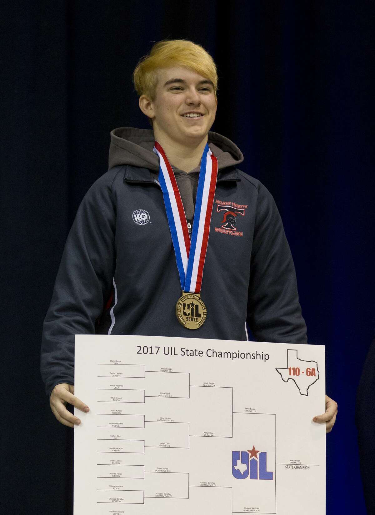 Mack Beggs of Euless Trinity defeated Chelsea Sanchez of Morton Ranch to win the Class 6A girls 110-pound championship at the UIL Wrestling State Championships Saturday, Feb. 25, 2017, in Cypress. Beggs was born a girl and is transitioning to male but wrestles in the girls division.