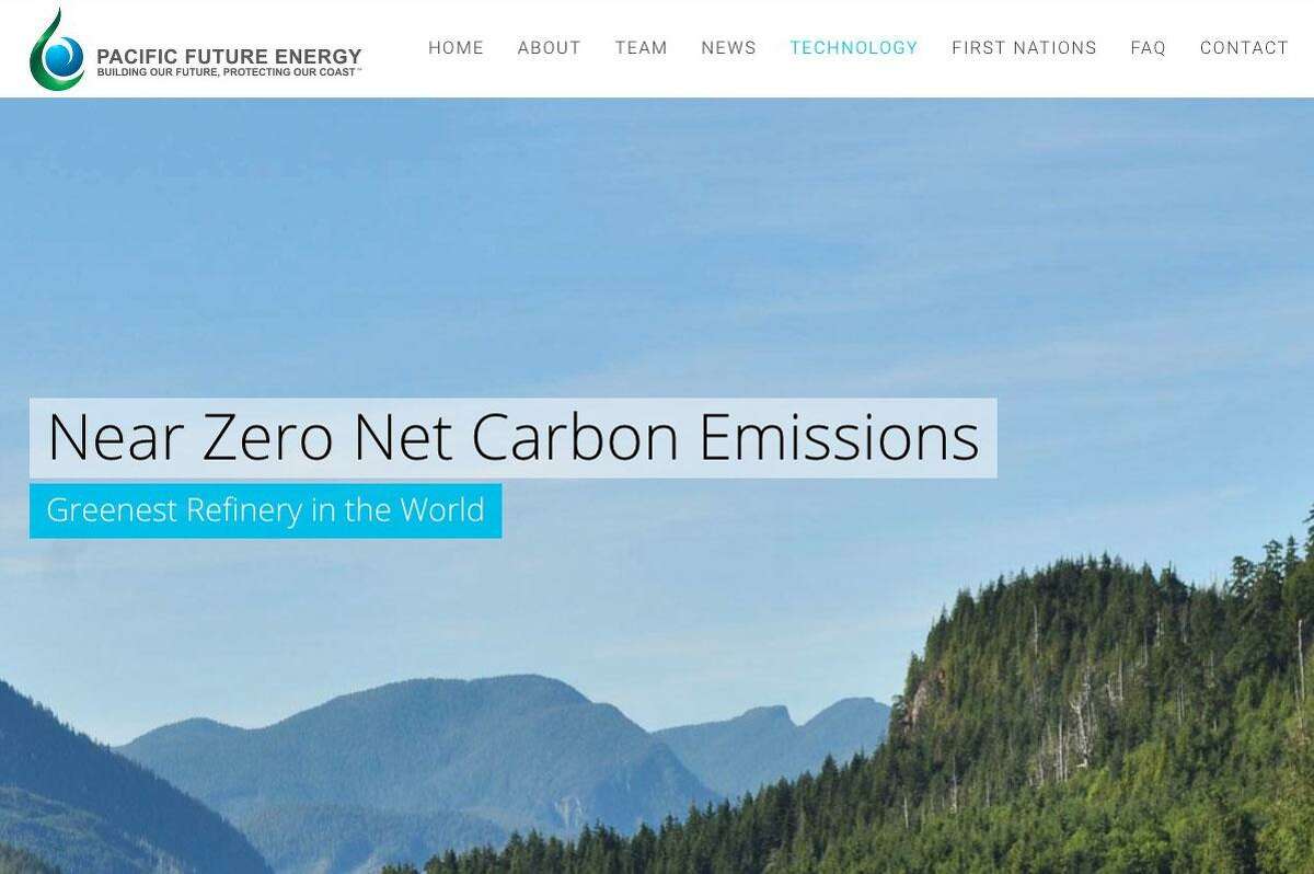 The header for the technology section of Pacific Future Energy’s website explains their policy for near zero net carbon emissions at their refinery.
